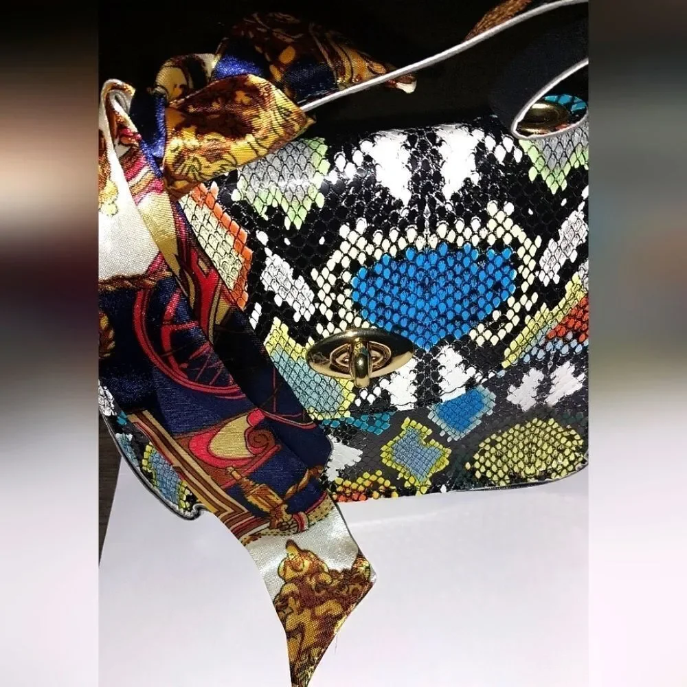 Women's Mini Snakeskin Embossed Handbag, Twilly Scarf Decor Flap Square Purse